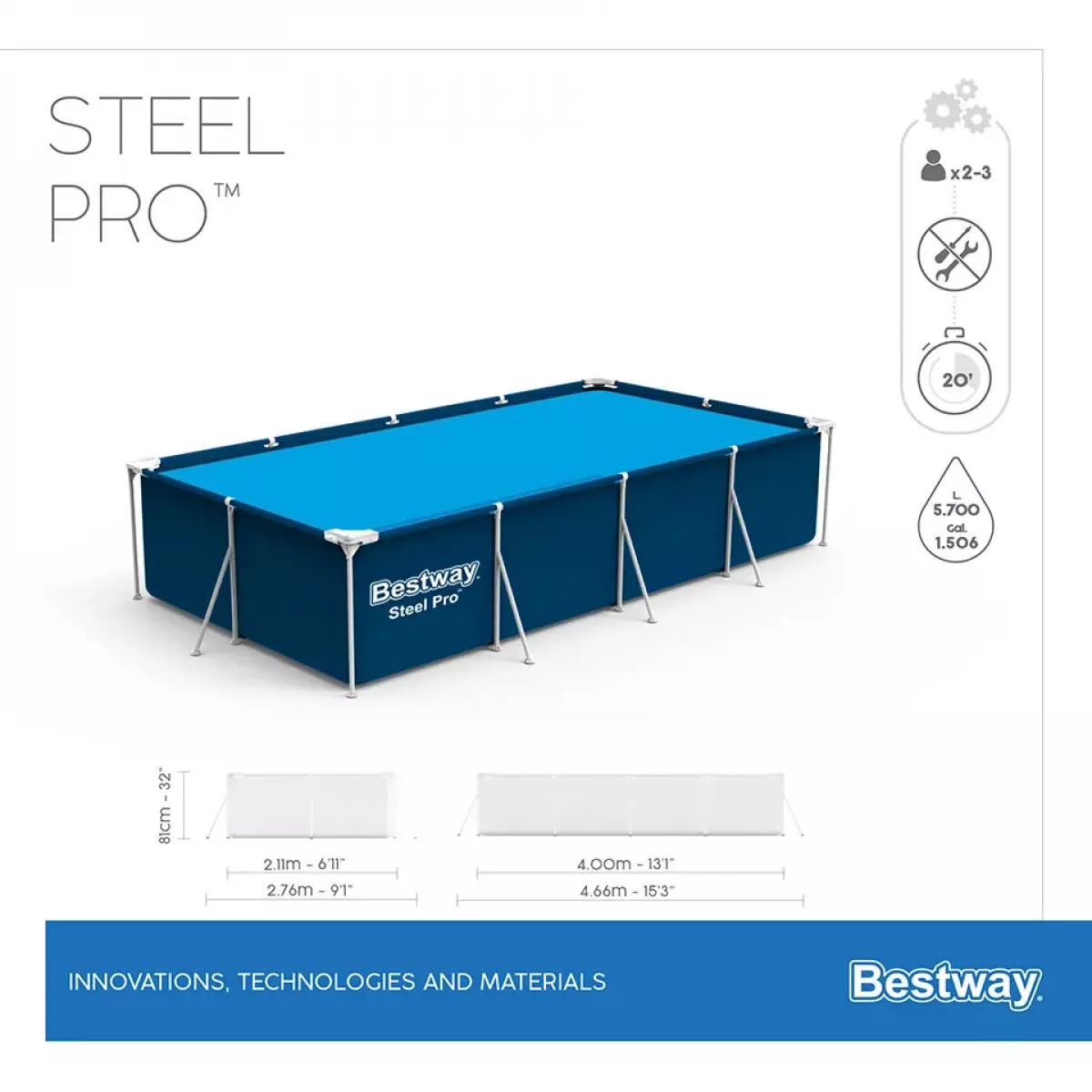 Бассейн каркасный 400x211x81 см прямоугольный без фильтра-насоса BESTWAY 56405 Бассейн каркасный 400x211x81 см прямоугольный без фильтра-насоса BESTWAY 56405